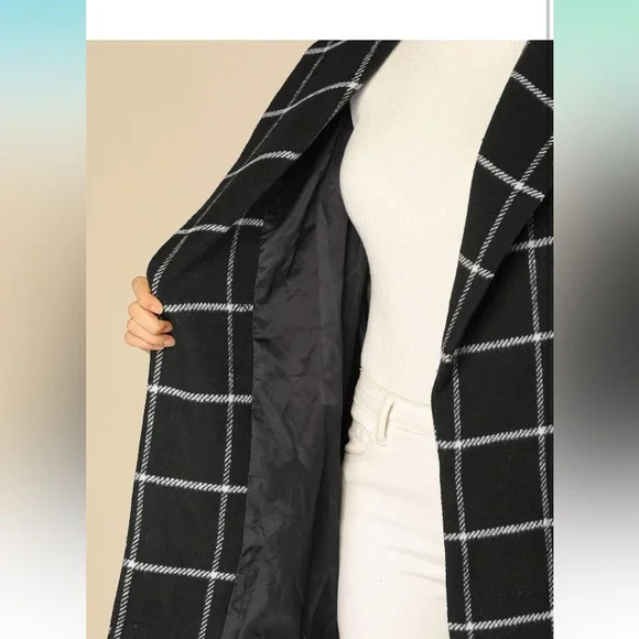 Women's Shawl Collar Check Belted Wrap Plaid Coat with Pockets - Picture 5 of 7